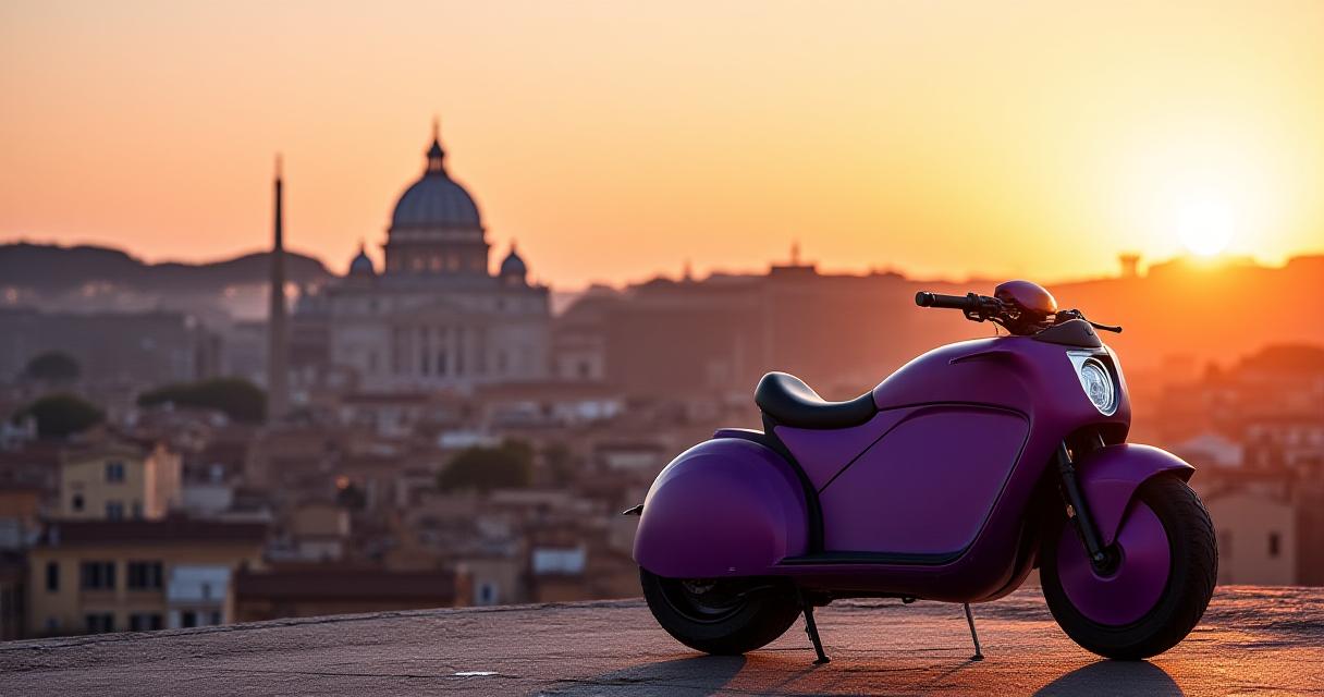 Vista panoramica di Roma dal Pincio con un'e-bike scattante in primo piano