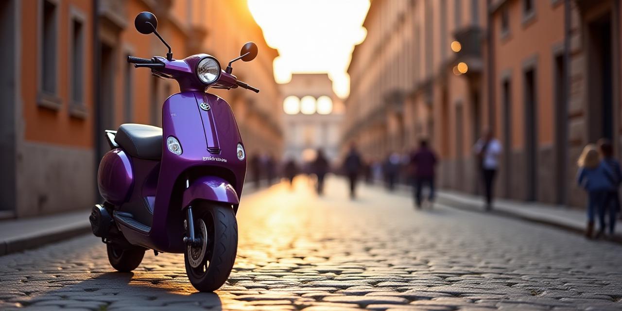 Monopattino elettrico parcheggiato vicino al Colosseo con luce calda al tramonto